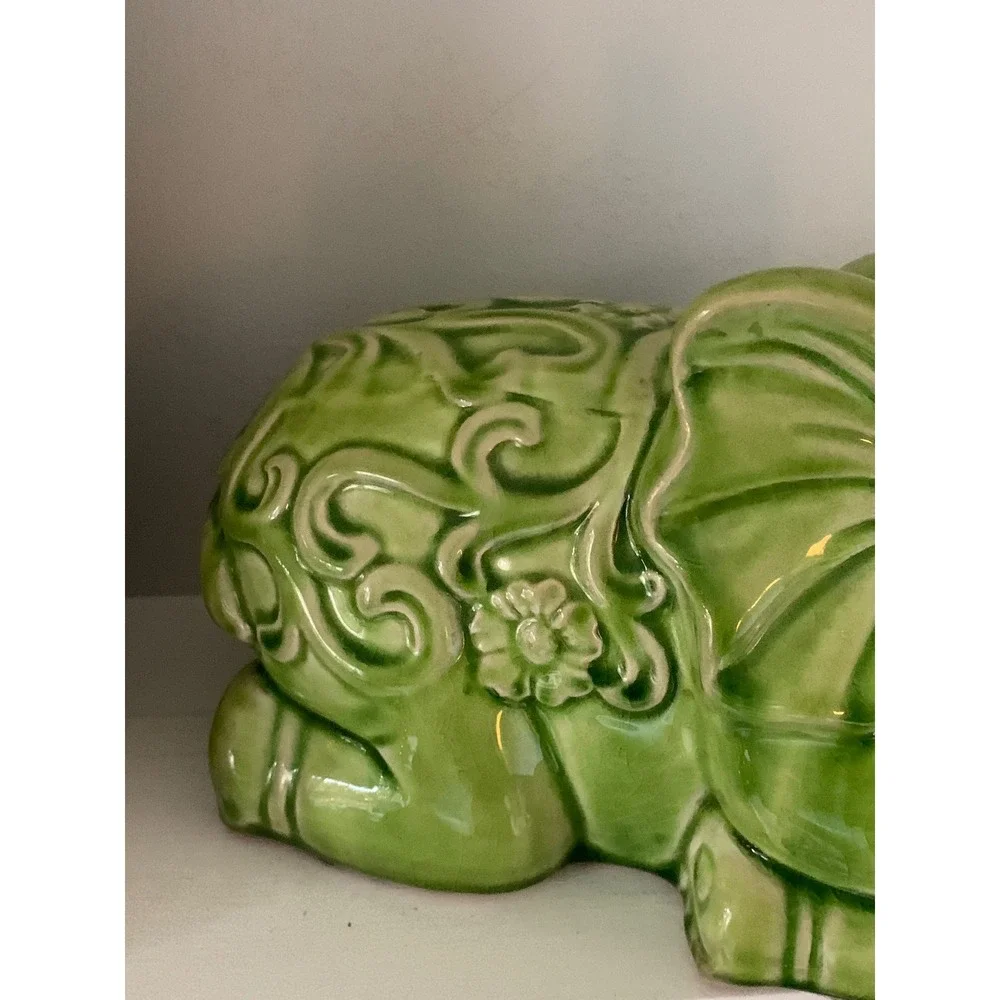 Vintage Green Glazed Baby Elephant Figurine home decor garden floral traditional
